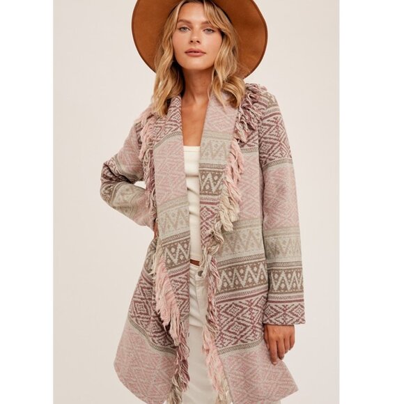 New Western Fringe Sweater Coat Southwest Boho Long Cardigan, Cowichan Vtg - Picture 2 of 10